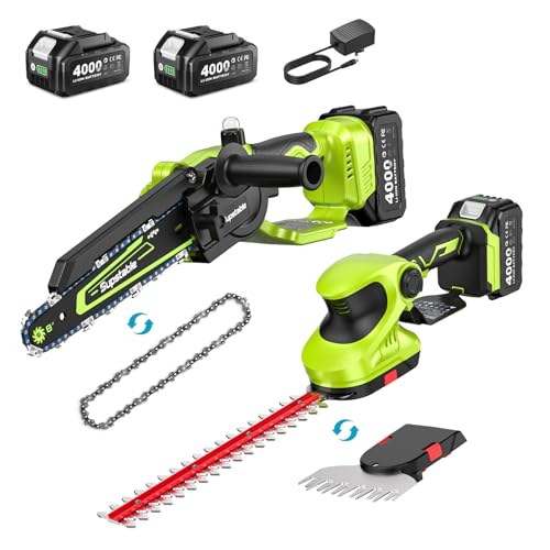 Supstable 3-in-1 Cordless Mini Chainsaw & Hedge Trimmer Combo, 8 Inch Mini Chainsaw with Grass Shear, 800W Brushless Motor, 2×4000mAh Batteries, Garden Tool Set for Tree Trimming & Lawn Care - color: Spring Green