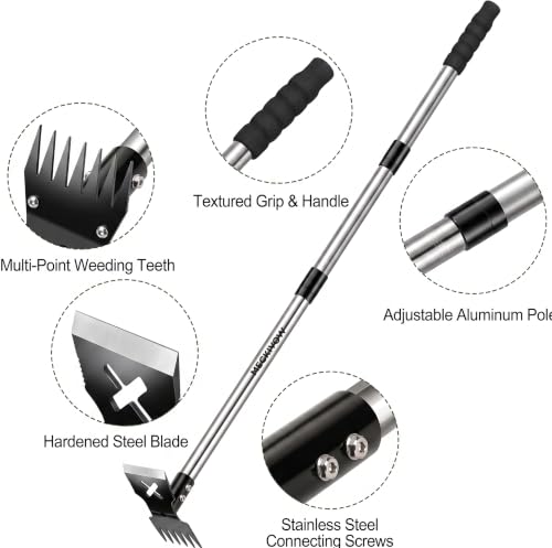 Weed Puller Tool with Long Handle - 60" Stand Up Weed Remover Tool, Upgraded 11-Tine 2 in 1 Manual Weed Rake and Garden Hoe, Heavy Duty Manganese Steel Uprooting Tool for Yard, Lawn, Patio