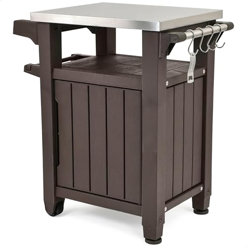 Keter Unity Outdoor Grill Prep Table & Serving Cart, 40 Gal, Brown