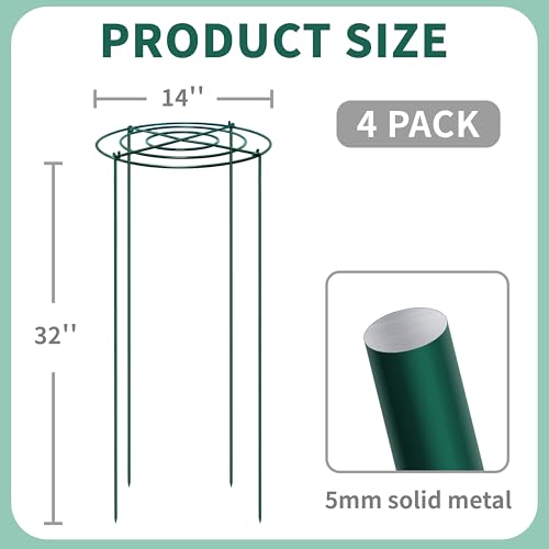 4 Sets Peony Support Cage,14"Diax32"High Heavy Duty Metal Plant Support,Grow Through Hoops Grids with 4 Thickened 5mm Legs,Strong Support Brace for Heavy Blossoms,Flower Support Ring for Peonies,Rose - size: 14"X32"-4PCS