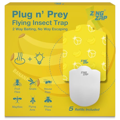 ZingZap Flying Insect Trap Indoor, Plug & Prey Dual-Baiting Fly Traps with Banana Scent & Blue Light, 2X More Effective Catch, House Flies, Gnats, Moths, Base Plug & 5 Cartridges - size: Banana