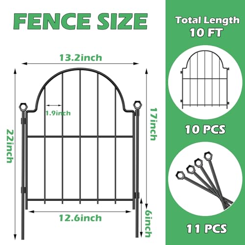 Blingluck Decorative Garden Fence, 17in(H) x 10.8ft(L), with Ground Stake - color: Black, size: 17 in(H)