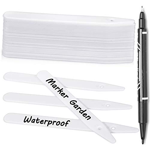 Whaline 200Pcs Thick Plastic Plant Labels with Hole White Garden Stake Markers Waterproof Garden Tag Signs for Greenhouse Seedlings Flowers Spotted Plants with 2 Marker Pen and Twine (10 CM) - size: 4 Inch