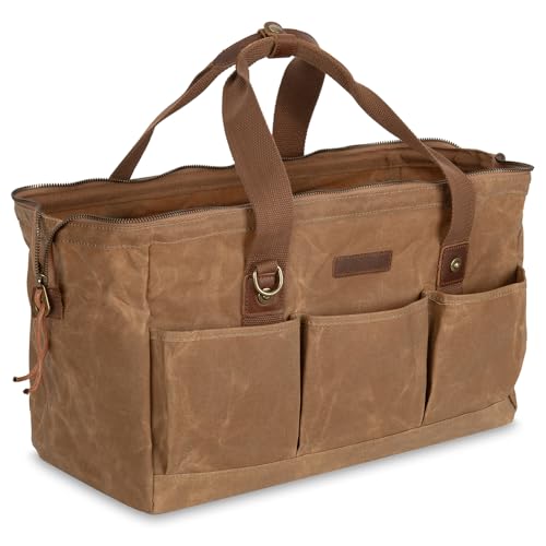 Heavy Duty 18-Inch Tool Bag with 12 Pockets, Large Zippered Tool Organizer, Portable Empty Toolbox for Mechanics, Electricians, DIY – Durable Soft Handle, Ideal Father’s Day or Birthday Gift - color: Brown