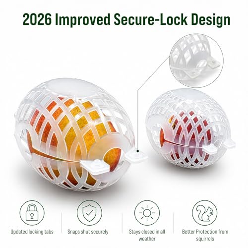 Fruit Protection Cages for Peaches and More | 2026 Improved Secure-Lock Design | Small 4x5 Inch | 24 Pack | Squirrel Resistant | Reusable Heavy-Duty Plastic | Made in USA - size: Small (4 x 5)