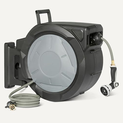 Amazon Basics Retractable Garden Hose Reel, 130 Foot, Wall Mounted, 10-Pattern Spray Nozzle, 180° Swivel Bracket - size: 130ft