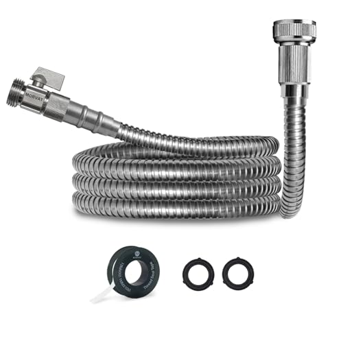 Morvat 3ft Stainless Steel Garden Hose Metal with Brass ON/OFF Valve, Heavy Duty for Nozzle, Water, Yard & Outdoor, Lightweight No-Kink, Crush & Puncture Resistant, Roll of Teflon Tape & 3 Washers - size: 3FT