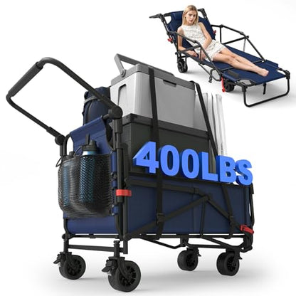 LEVELEVE Heavy Duty Folding Wagon - 2-in-1 Collapsible Cart, All-Terrain Wheels w/Brakes & Side Pockets (Blue, 400lb Capacity) - color: Blue, size: Medium