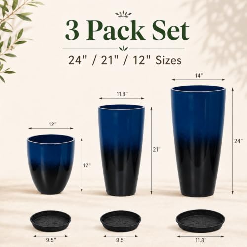 Neoaider Set of 3 Tall Planter, 24/21/12in Large Plastic Planter, Dark Blue - color: Dark Blue