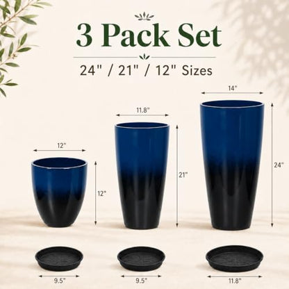 Neoaider Set of 3 Tall Planter, 24/21/12in Large Plastic Planter, Dark Blue - color: Dark Blue