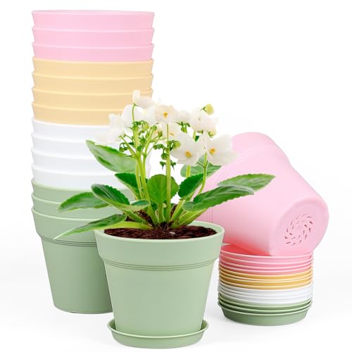 Meowell 4 inch Small Plastic Nursery Pots,16 Pack Plant Pots for Indoor Outdoor Plants, Flower Pots with Drainage Holes and Saucers, Decorative Seeding Starter Planters for House Plants, Colorful - color: Colorful, size: 4inch 16pcs