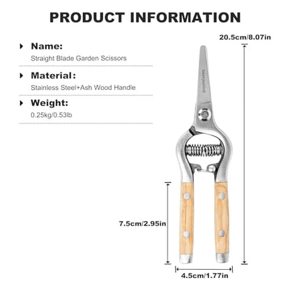 Berry&Bird Straight Pruning Shears with Stainless Steel Blades Garden Hand Pruner 8'' Scissors with Wooden Handle Clippers for Gardening Trimming Cutting Bonsai - style: 8'' Straight Blade Scissors