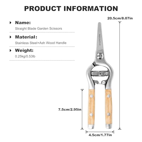 Berry&Bird Straight Pruning Shears with Stainless Steel Blades Garden Hand Pruner 8'' Scissors with Wooden Handle Clippers for Gardening Trimming Cutting Bonsai - style: 8'' Straight Blade Scissors
