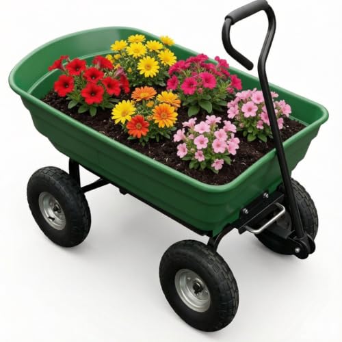 600Lb Wheelbarrow Dump Garden Cart with 4 10" All Terrain Wheels - style: Green- 4 Wheels