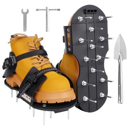 Lawn Aerator Shoes - Heavy Duty Lawn Aerator Tool for Grass with Cleaning Shovel & 6 Extra Spikes, Easy Assembly with Upgraded T-Wrench, Manual Garden Soil Aeration Tools for Yard Care