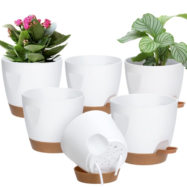 5-Pack Plant Pots with Drainage 7/6.5/6/5.5/5 Inch Self Watering Pots for Indoor Outdoor Plants, Plastic Flower Pots with Drainage Holes and Removable Saucers, Plant Pots with Wicking Rope (White)
