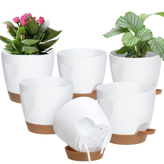 5-Pack Plant Pots with Drainage 7/6.5/6/5.5/5 Inch Self Watering Pots for Indoor Outdoor Plants, Plastic Flower Pots with Drainage Holes and Removable Saucers, Plant Pots with Wicking Rope (White)
