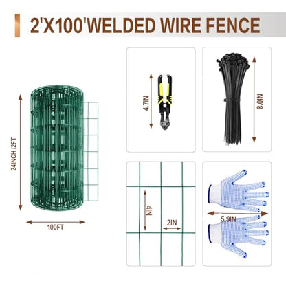 Tongmo 2 ft x 100 ft Green PVC Coated Welded Wire Fence, 16GA Garden Chicken Wire Fence Roll, Mesh Size 2" x 4" Hardware Cloth, Ideal for Yard Protection and Poultry Netting - color: Green, size: 2ft*100ft