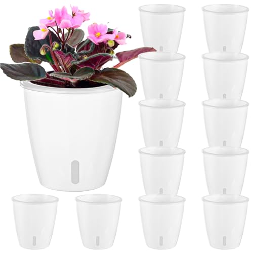 Self-Watering Pots for Indoor Plants, 12-Pack 5'' Self Watering Planter with Drainage Holes, Small African Violet Pots with Water Indicator, Clear Wick Pot, White - color: White/12 Pack, size: 5"