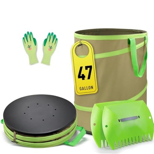 Colwelt Collapsible Garden Bag 47Gallon, Collapsible Leaf Bags with Hard Bottom, Heavy Duty Yard Waste Bag Leaf Bin, Leaf Pop up Trash Can (come with Leaf Scoop, Garden Gloves)