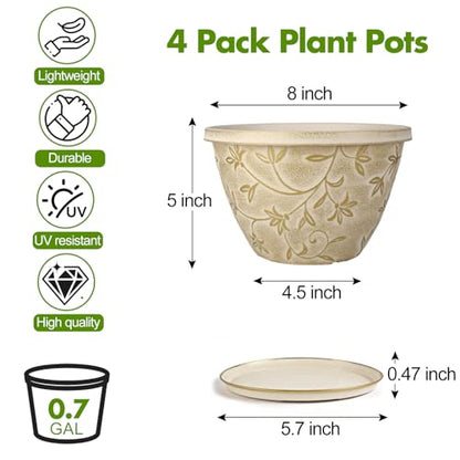 Nooulap 8 Inch Plant Pot, Beige Flower pots, 4 Pack - color: Beige, size: 8 inch