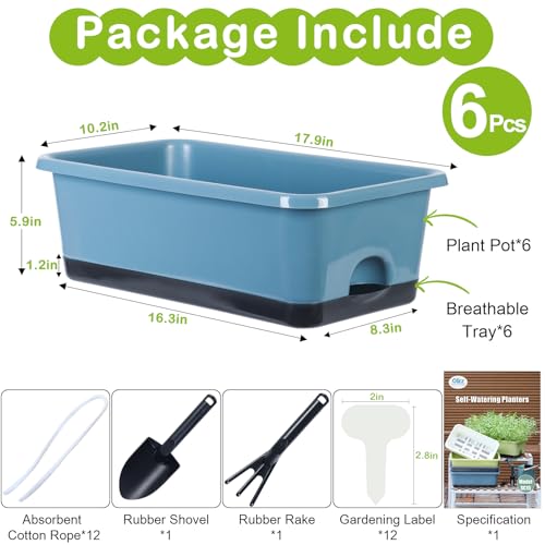 Oliz Window Box Planter 6 Pcs, 17 Inches Rectangle Flower Pots with Drainage Holes and Trays, Vegetable Planters for Windowsill Patio Garden Balcony Home Indoor Outdoor (Blue, 18 * 10 * 6 inch) - size: 18*10*6 inch