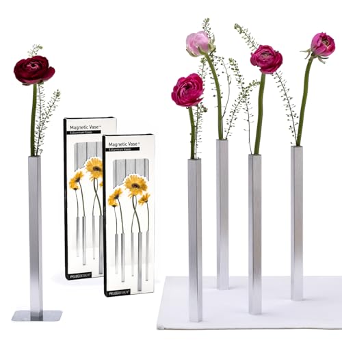 PELEG DESIGN Magnetic Bud Vase Set (Silver) - Unique Home Decor Gift & Modern Table Centerpiece - 10 Aluminum Single Stem Vases - 9.4" Tall Gravity Defying Decor - color: Silver - Set of 10
