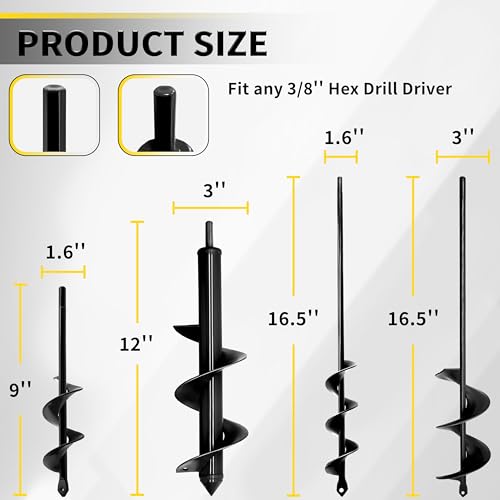 Auger Drill Bit for Planting 1.6"x9"+1.6"x16.5"+2.8"x16.5"+3"x12" Garden Spiral Drill Bit,Heavy-Duty Bulb Auger, Post Hole Digger for 3/8" Hex Driver Drill Solid Shaft - size: 1.6"x9"+1.6"x16.5"+2.8"x16.5"+3"x12"