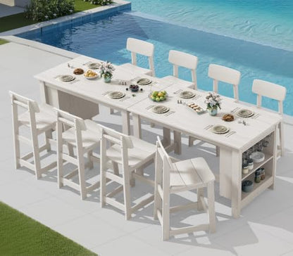 SERWALL 10-Piece Outdoor HDPE Counter-Height Bar Dining, White - color: White, size: 10 Piece Bar Set