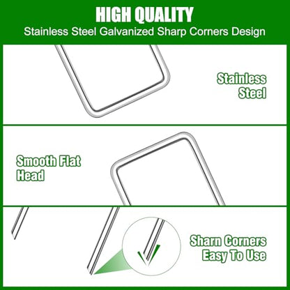 Ground Staples with Rubber Hammer,Pick Hook and Gloves,6Inch 100pcs Galvanized Garden Pegs+ 100pcs Gaskets,Anti-Rust,U-Shaped Lawn Spikes,Landscaping Fabric Pins for Weed Barrier,Yard Grass Cover