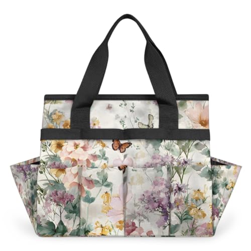 Garden Tote Bag with 10 Pockets Butterfly Heavy Duty Gardening Bags for Tools Organizer Storage Bag with Handle for Garden Lawn Yard Casual - color: Folwer-3