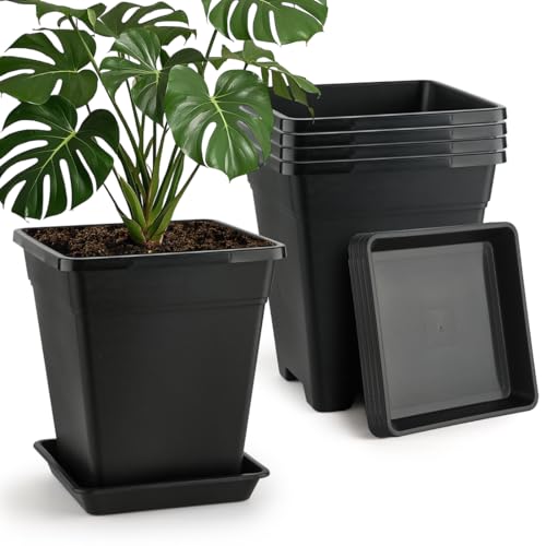 BTPLASTIK Plant Pots 10 Inch Set of 5, Large Square Plastic Planter with Drainage & Saucer, 5 Gallon Thick Outdoor Garden Pots Container for Outdoor Indoor, Flower Pots Planters - size: 10 INCH / 5P