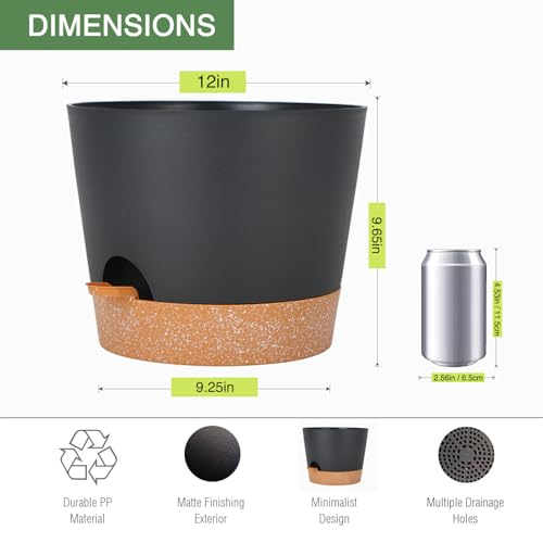 SwinDuck 12inch Large Self Watering Plant Pot, Plastic Cylinder Planter with 60Oz Deep Reservoir and Saucer for Indoor Outdoor Plants Flowers Houseplants, Black with Brown - color: Black With Brown