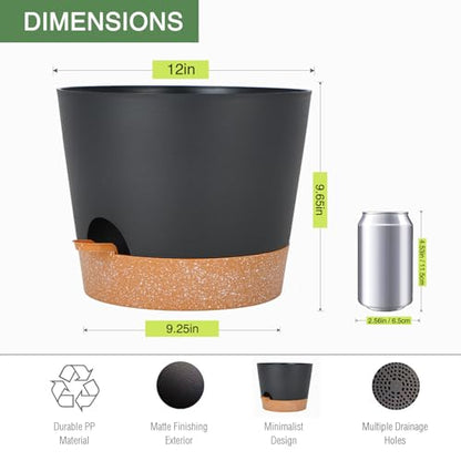 SwinDuck 12inch Large Self Watering Plant Pot, Plastic Cylinder Planter with 60Oz Deep Reservoir and Saucer for Indoor Outdoor Plants Flowers Houseplants, Black with Brown - color: Black With Brown