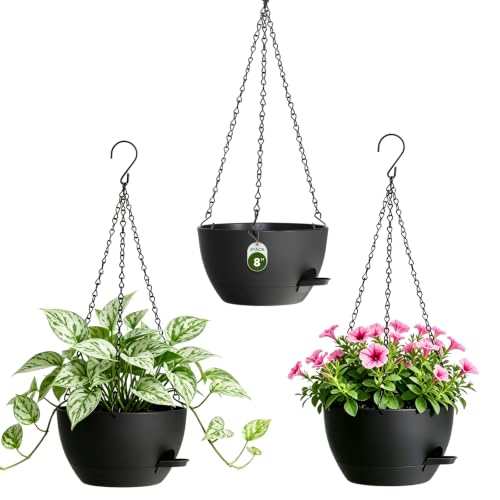 8 Inch Self Watering Hanging Planters Set of 3 with Saucers - color: Black, size: 8 Inch 3 Pack