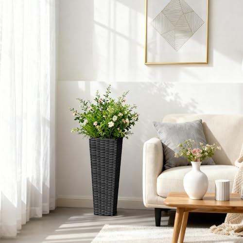Greesum 23 Inch Tall Plastic Planters with Rattan Texture – Set of 2, Black - color: Black, size: 24" without Tray