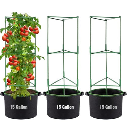 ANPHSIN Sturdy Triangle Tomato Cage with Movable 15 Gal Grow Bags, 3 Sets - style: 15 gallons
