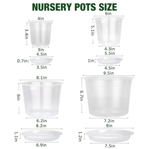 10/8/6/4 Inch Clear Nursery Pots with Drainage Holes and Saucers, 12 Pack Large Clear Pots for Plants Variety Pack, Plastic Nursery Pots for Succulents, Seedings, Herbs, Flowers, Vegetables - size: 4/6/8/10 inch