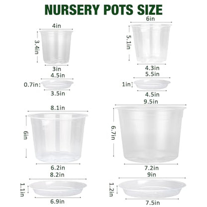 10/8/6/4 Inch Clear Nursery Pots with Drainage Holes and Saucers, 12 Pack Large Clear Pots for Plants Variety Pack, Plastic Nursery Pots for Succulents, Seedings, Herbs, Flowers, Vegetables - size: 4/6/8/10 inch
