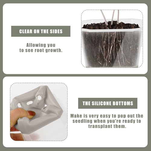 20Pcs Nursery Pot Planters Variety Pack, Reusable Clear Plastic and Silicone Square Pots with Drainage for Seedlings and Flower Plants (Gray) - color: Gray