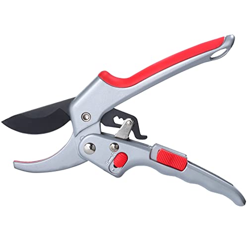 Garden clippers, premium Germany pruners, Work 3 times easier, professional ratchet pruning shears, cutting rose, flower, hedge, stem, tree, Sharp gardening scissors, Arthritis weak hand snips - color: Red/Silver