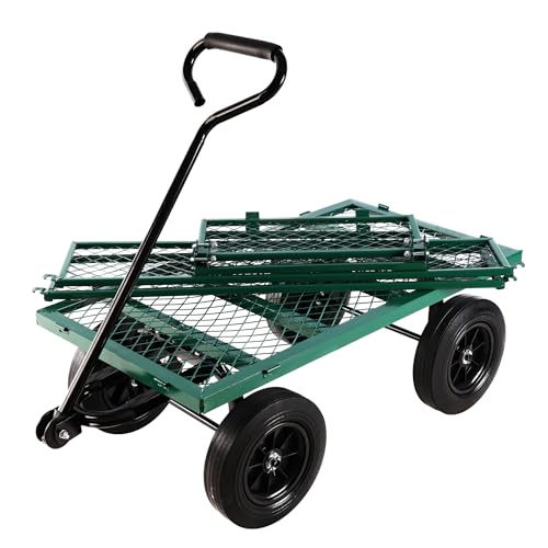 Metal Utility Wagon with 10" Solid Large Wheels 500 Lbs Capacity Heavy Duty Wheel Barrow Mesh Steel Garden Wagon Cart Dump Cart Pullable with 180° Rotating Handle Removable Sides (Green) - color: Green