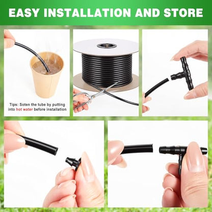 100 ft 1/4 Inch Drip Irrigation Tubing Kit, 1/4" Black Drip Hose with 110 Pcs Fittings, Distribution Hose Tube Set with Spool for Garden DIY Irrigation System