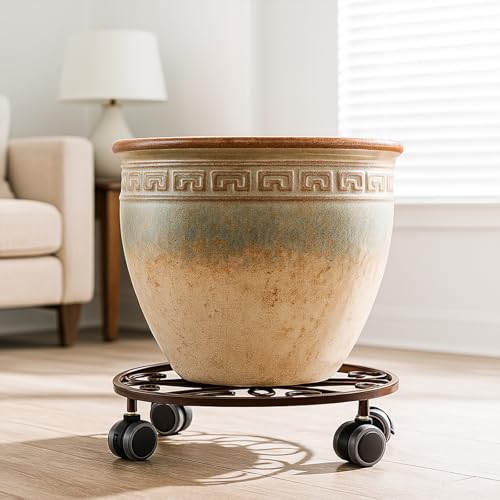 3 Pack Plant Caddy with Wheels & Saucers, Heavy Duty 13.5 Inch Metal Plant Stand with Wheels, Plant Dolly Rolling Plant Stand Plant Roller with Casters for Indoor and Outdoor, Bronze