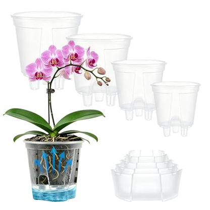 Cdd's Path Self Watering Pots Set with Deep Water Tank, Large Drainage Holes, Reservoir & Air Pipes, 5/6/7/8 Inch Naked Root Planter for Indoor Outdoor Plants, Flowers, Seedlings, Clear, 4 Pack - size: 5/6/7/8 inch-4 Pack