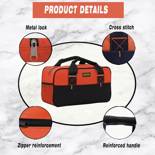 FASTECH 14 Inch Small Tool Tote Bag, Wide Mouth Zipper Bag, Waterproof Tool Organizer Bag, Multi-Pockets Wide Mouth Tool Tote For Man/Woman (Orange) - size: Orange