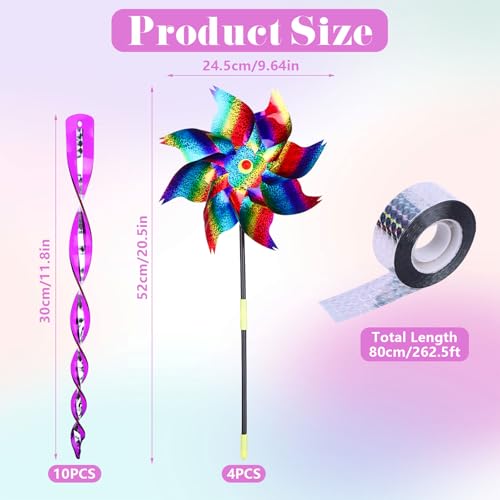 15Pcs Bird Deterrent Devices Outdoor Set Bird Scarer Rods, 10 Pcs Bird Repellent Reflective Scare Rods, 4 Reflective Pinwheels with Stakes and 1 Bird Scare Tape to Scare Birds Away from Yard
