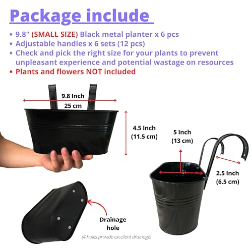 LaLaGreen Modern Rail Planter (9.8 in, 6 Pack) Black Metal Deck Buckets - size: 9.8" (25 cm) x 6 Pack