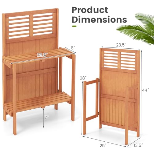 Garden Potting Bench Table, Folding Potting Bench Outdoor Workstation with Trellis & 2-Tier Shelves, Wood Potting Table for Outdoor, Deck, Balcony, Garden, Backyard