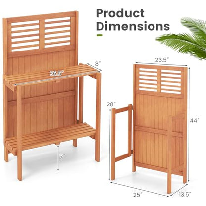 Garden Potting Bench Table, Folding Potting Bench Outdoor Workstation with Trellis & 2-Tier Shelves, Wood Potting Table for Outdoor, Deck, Balcony, Garden, Backyard